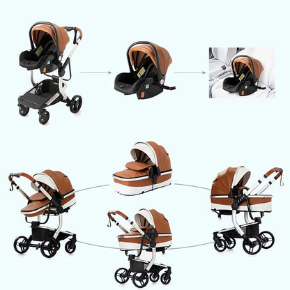 Poussette Bébé 3 - en - 1 de Luxe – Cuir PU - Planète bébé