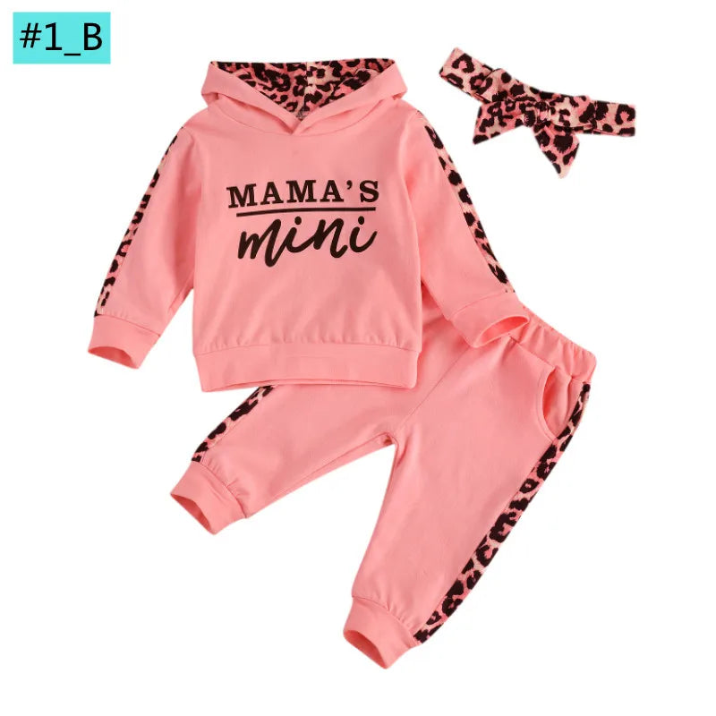 Ensemble Bébé 3 Pièces Automne – Sweat à Capuche Lettre Léopard + Pantalon + Bandeau – Tenue Fashion 1-3 Ans™