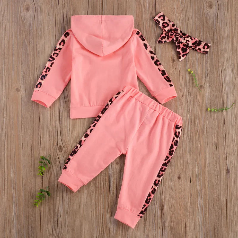 Ensemble Bébé 3 Pièces Automne – Sweat à Capuche Lettre Léopard + Pantalon + Bandeau – Tenue Fashion 1-3 Ans™