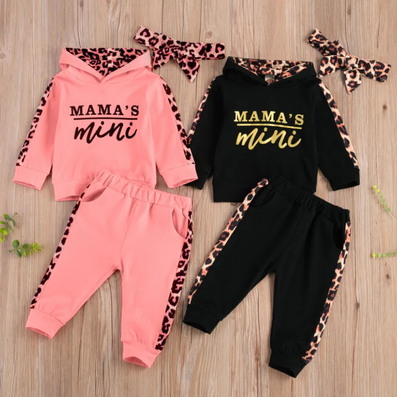 Ensemble Bébé 3 Pièces Automne – Sweat à Capuche Lettre Léopard + Pantalon + Bandeau – Tenue Fashion 1-3 Ans™
