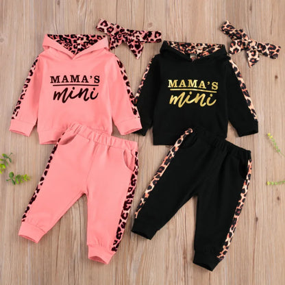 Ensemble Bébé 3 Pièces Automne – Sweat à Capuche Lettre Léopard + Pantalon + Bandeau – Tenue Fashion 1-3 Ans™